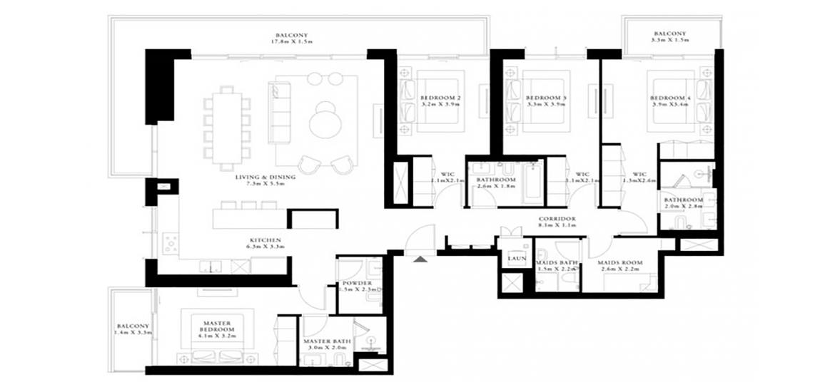 Планировка «4BR 240SQM» 4 спальни в ЖК BEACH ISLE